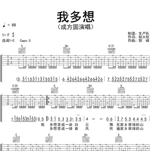成方圆《我多想》吉他谱 C调吉他弹唱谱