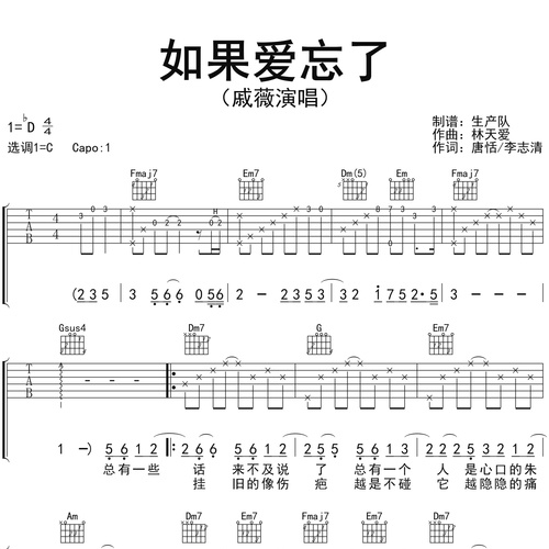 如果爱忘了吉他六线谱_戚薇_弹唱伴奏吉他谱_C调指法版