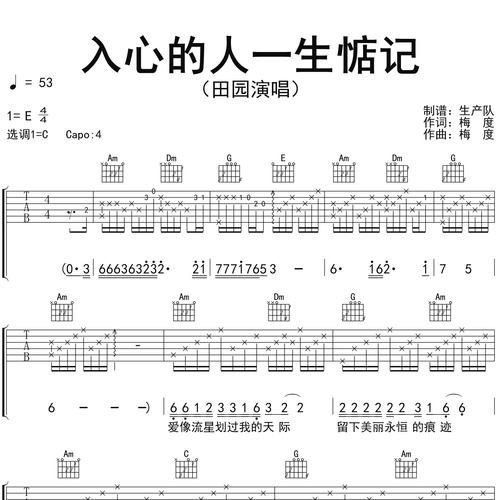田园《入心的人一生惦记》吉他谱 C调六线谱