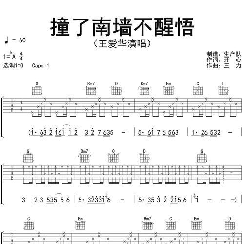 撞了南墙不醒悟吉他弹唱谱_王爱华_G调吉他谱