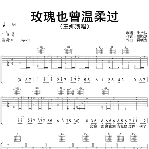 玫瑰也曾温柔过吉他弹唱谱_王娜演唱_G调吉他谱