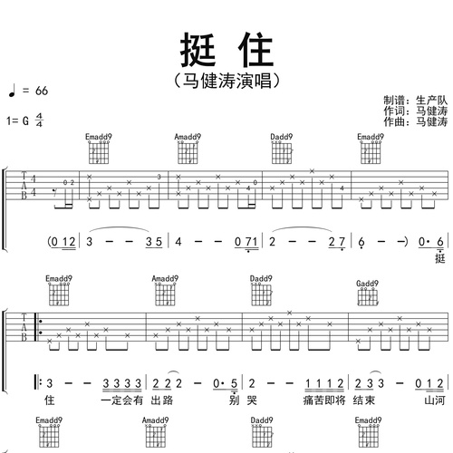 《挺住》吉他谱_马健涛_弹唱伴奏吉他谱_G调版