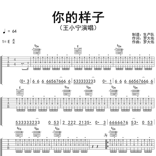 你的样子（DJ版）吉他谱 王小宁 E调演奏版吉他六线谱