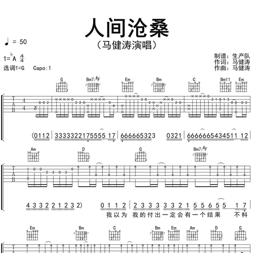 人间沧桑吉他谱 马健涛 G调吉他弹唱谱