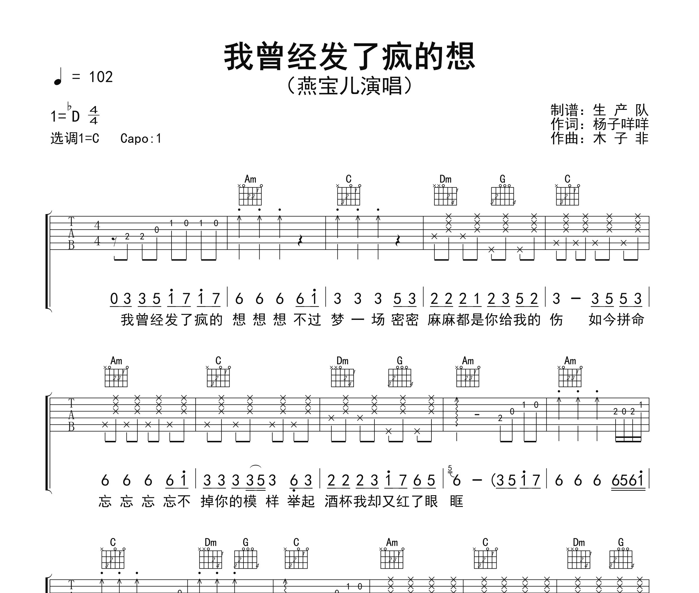 我曾经发了疯的想吉他谱