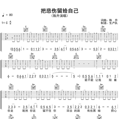 陈升《把悲伤留给自己》吉他谱 C调吉他弹唱谱