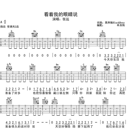 看着我的眼睛说吉他弹唱谱_张远演唱_G调吉他谱