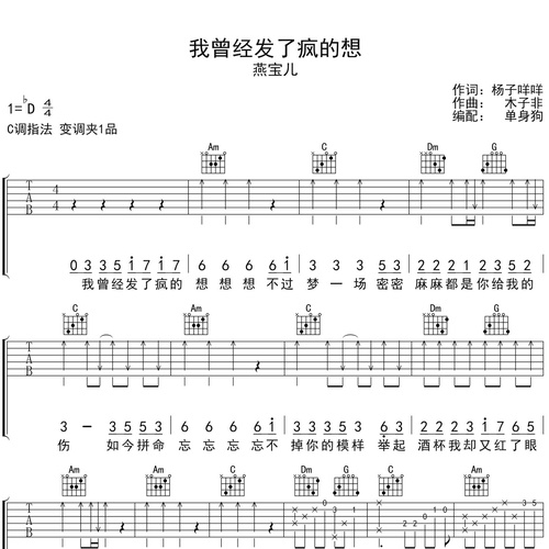 我曾经发了疯的想吉他谱 燕宝儿 C调编配六线谱