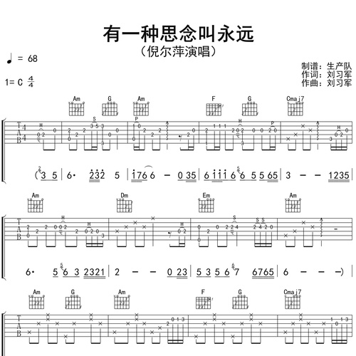 《有一种思念叫永远》吉他谱 倪尔萍 C调弹唱伴奏谱