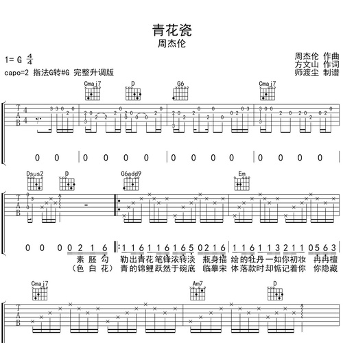青花瓷吉他谱 周杰伦 G调演奏版吉他六线谱