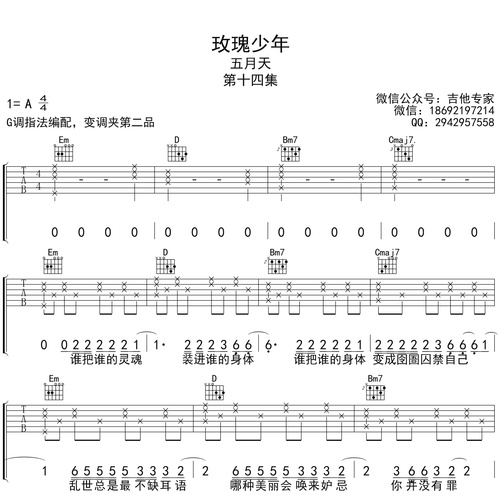 《玫瑰少年》吉他谱_五月天演唱_G调弹唱吉他谱