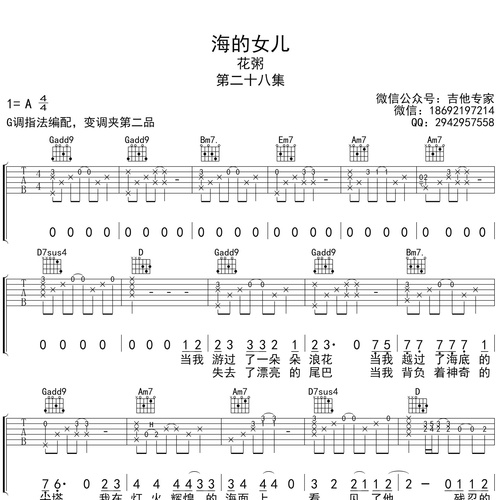 《海的女儿》吉他谱 花粥 G调弹唱伴奏谱