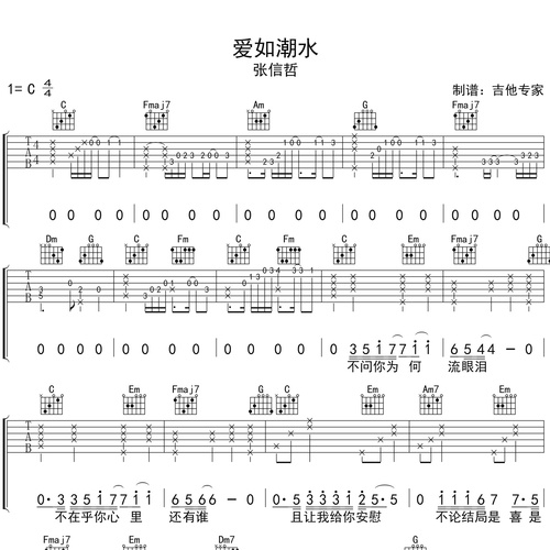 爱如潮水吉他谱_张信哲_吉他伴奏谱_E调版