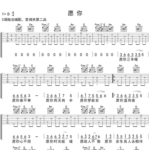 愿你吉他谱 黄静美 C调编配六线谱
