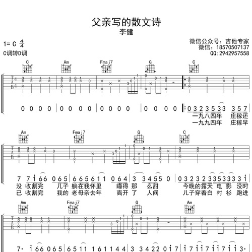 父亲写的散文诗吉他弹唱谱_李健演唱_C调吉他谱