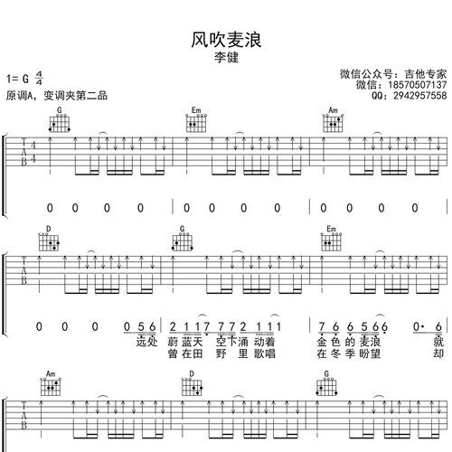 《风吹麦浪》吉他六线谱_李健_弹唱吉他谱_G调指法